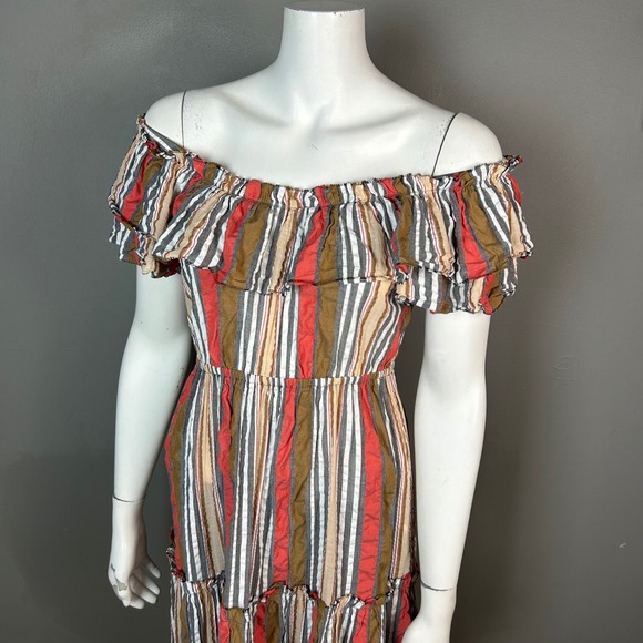 Ulla Johnson Striped Cotton Tiered Maxi Dress Size 2 Off Shoulder Lace Up Back